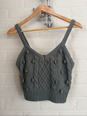 Cable Knit tank top forever 21 F21 knoted Pom Pom crop sage green
